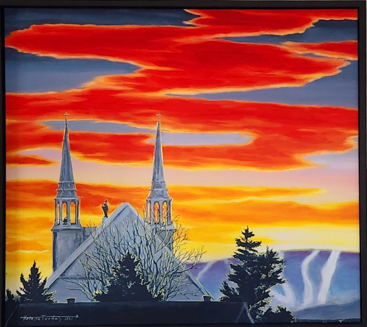 L'église St-Louis et le massif — peinture d'Hélène Ferdais, Paysages